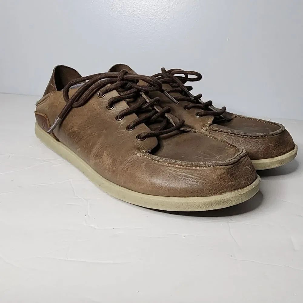 Olukai Nalukai Leather Lace Up Shoes Slides Drop in Heel Brown Size 11.5